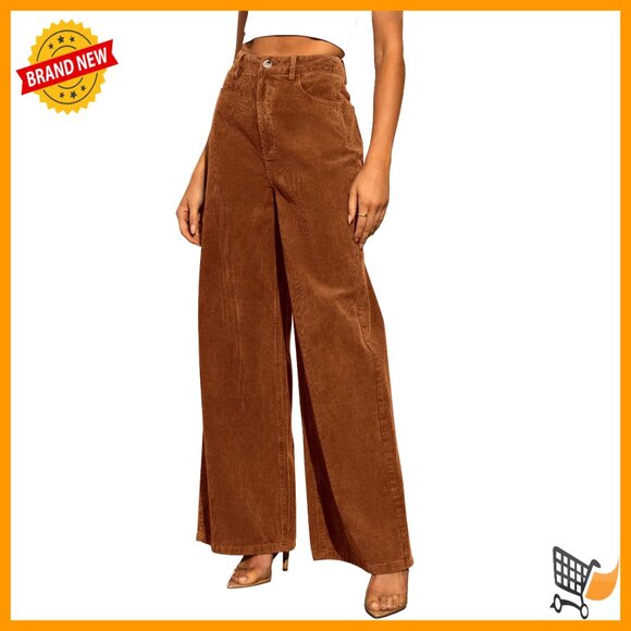 Pants - High Waisted Wide Leg Corduroy Pants Elastic Waist Casual Trousers
